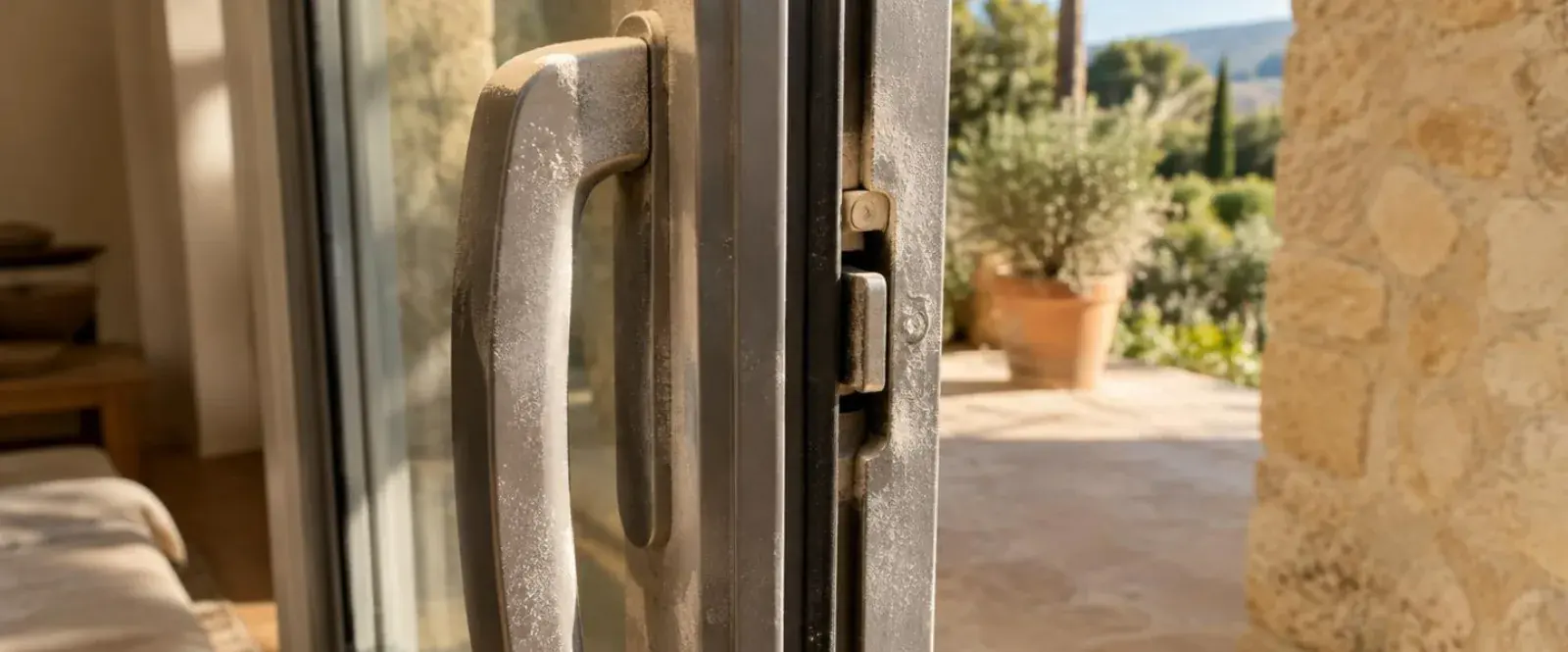 Poignée et point de fermeture d'une baie coulissante aluminium couverts d'une fine poussière calcaire, à Aix-en-Provence