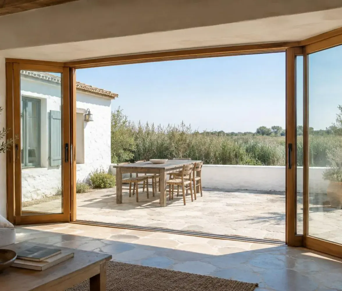Baie vitrée coulissante ouverte sur le patio d'un mas camarguais près d'Arles, roseaux et ciel clair