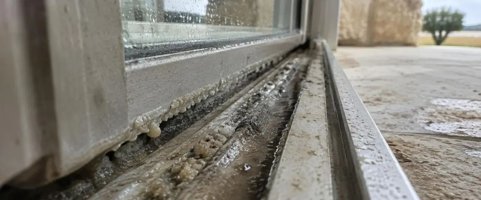 Dépôt et humidité dans la gorge du rail d'une baie coulissante d'un mas en Camargue