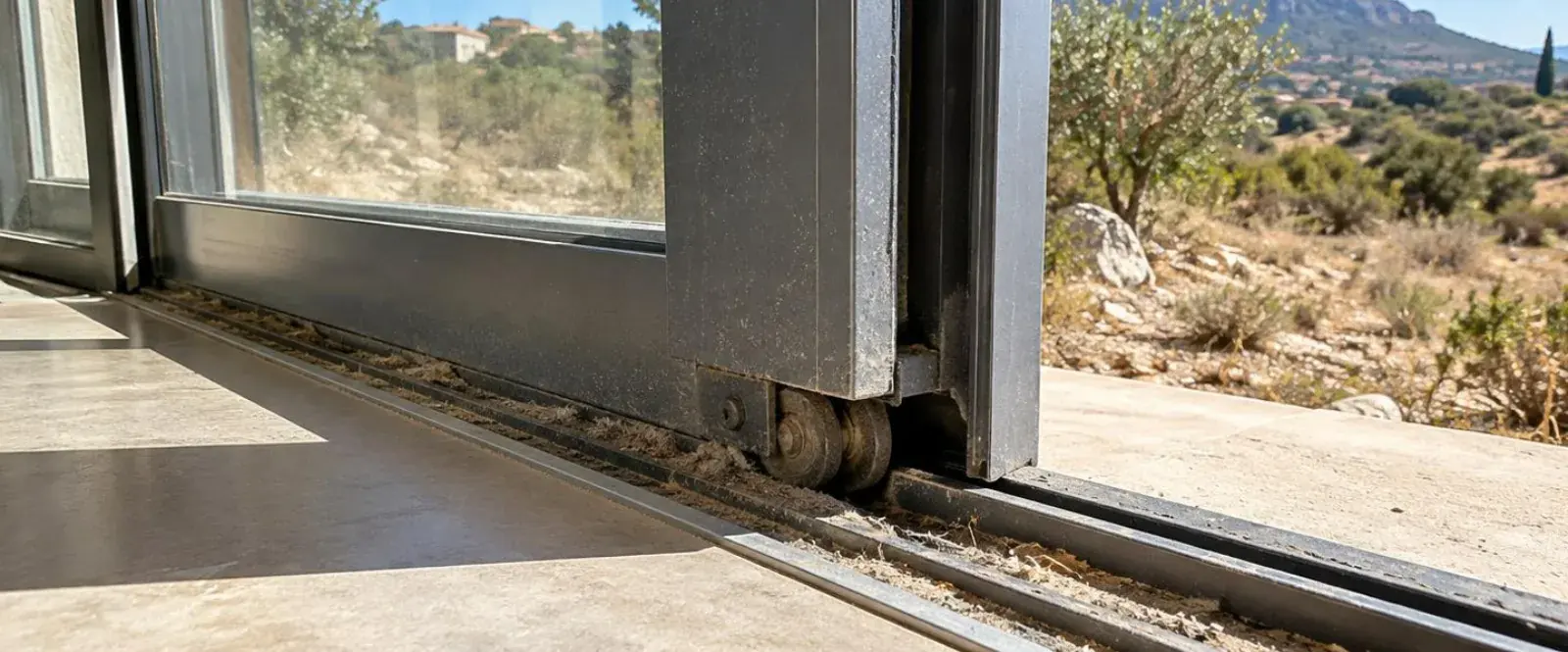 Rail et roulettes d'une baie coulissante chargés de poussière sèche dans une maison des collines d'Aubagne