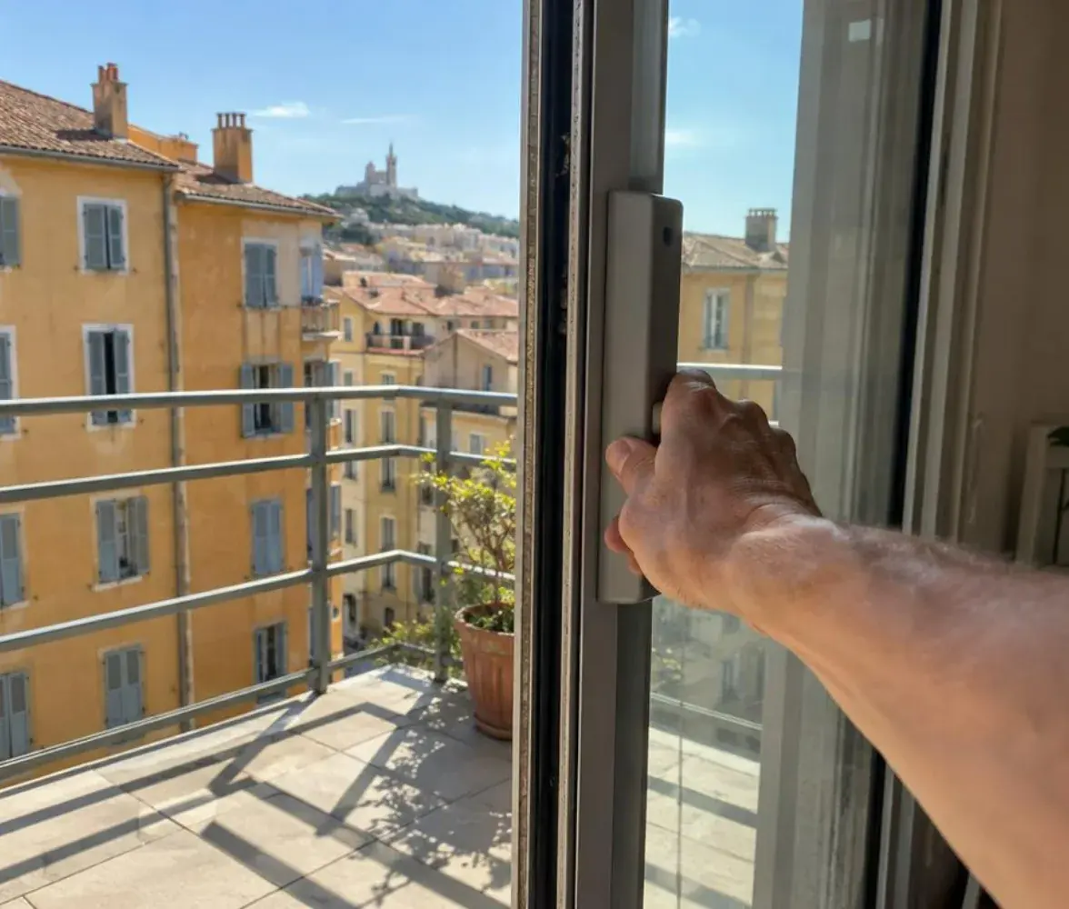 Baie vitrée coulissante aluminium entrouverte et coincée dans un séjour lumineux de Marseille, habitante perplexe en arrière-plan