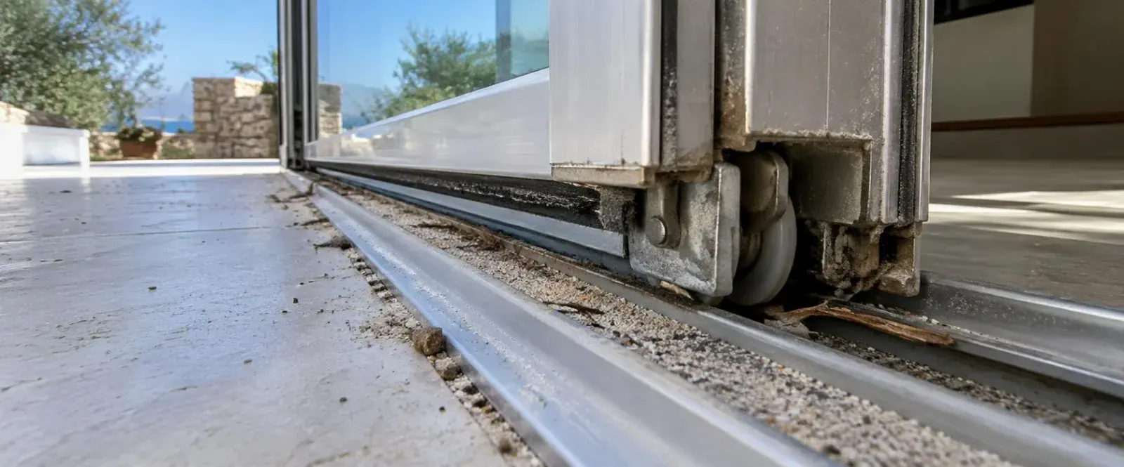 Bas d’un vantail coulissant et son chariot à roulettes au-dessus d’un rail encombré de débris