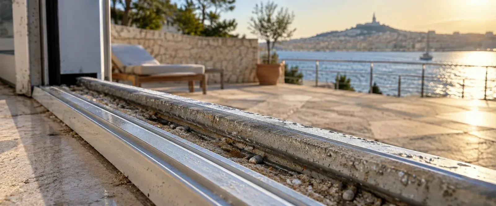 Rail aluminium de baie coulissante encrassé de sable et légèrement piqué par le sel, en lumière rasante