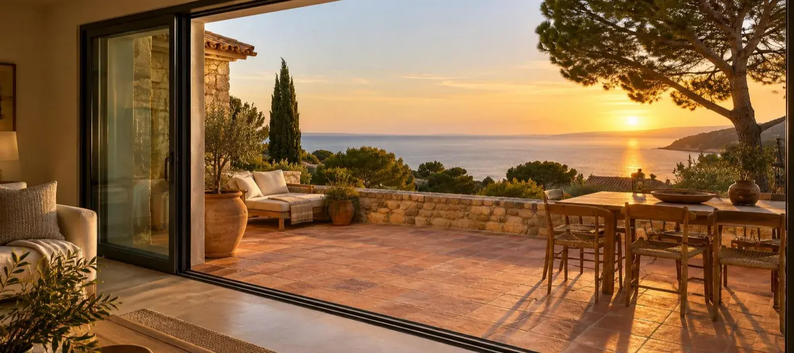 Baie vitrée coulissante grande ouverte sur une terrasse provençale au coucher du soleil, pins et mer au loin, lumière dorée