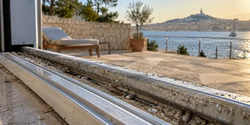 Rail bas d’une baie coulissante encrassé de sable et de débris, terrasse et mer en arrière-plan