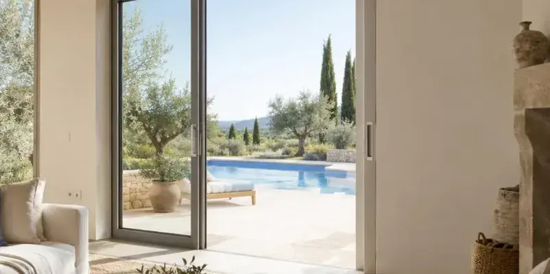 Grand vantail coulissant ouvert sur une piscine, dans un séjour clair entouré d’oliviers
