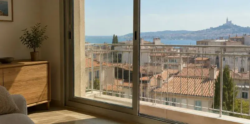 Baie vitrée coulissante d’un séjour avec vue sur les toits de Marseille et Notre-Dame-de-la-Garde