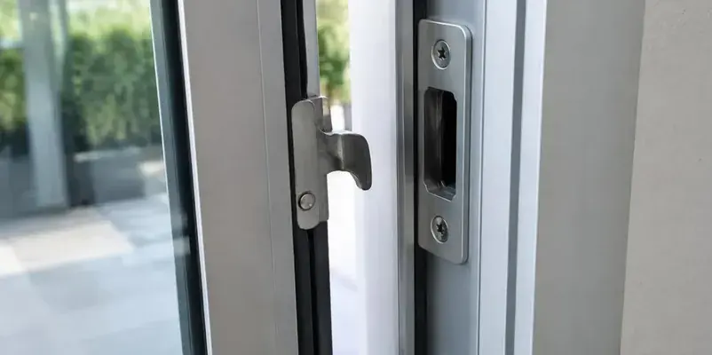 Poignée cuvette et serrure d'une baie vitrée coulissante en aluminium anthracite, vue de profil en lumière douce