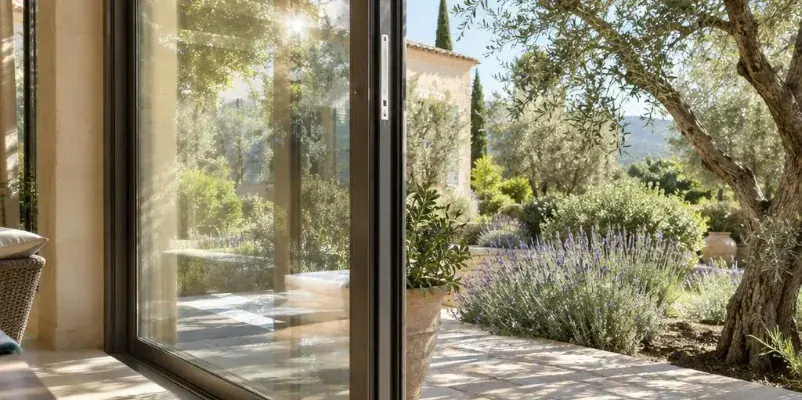 Porte coulissante aluminium d'une véranda entrouverte sur un jardin provençal, reflets du soleil sur les vitrages