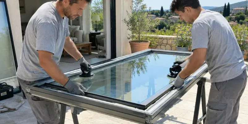 Deux techniciens posant un double vitrage neuf dans le vantail déposé d'une baie coulissante aluminium