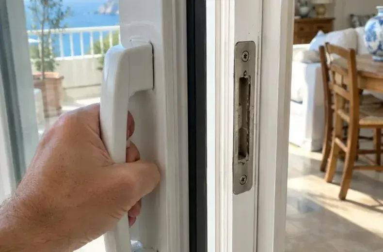 Main manœuvrant la poignée d’un coulissant blanc qui reste ouvert malgré la fermeture