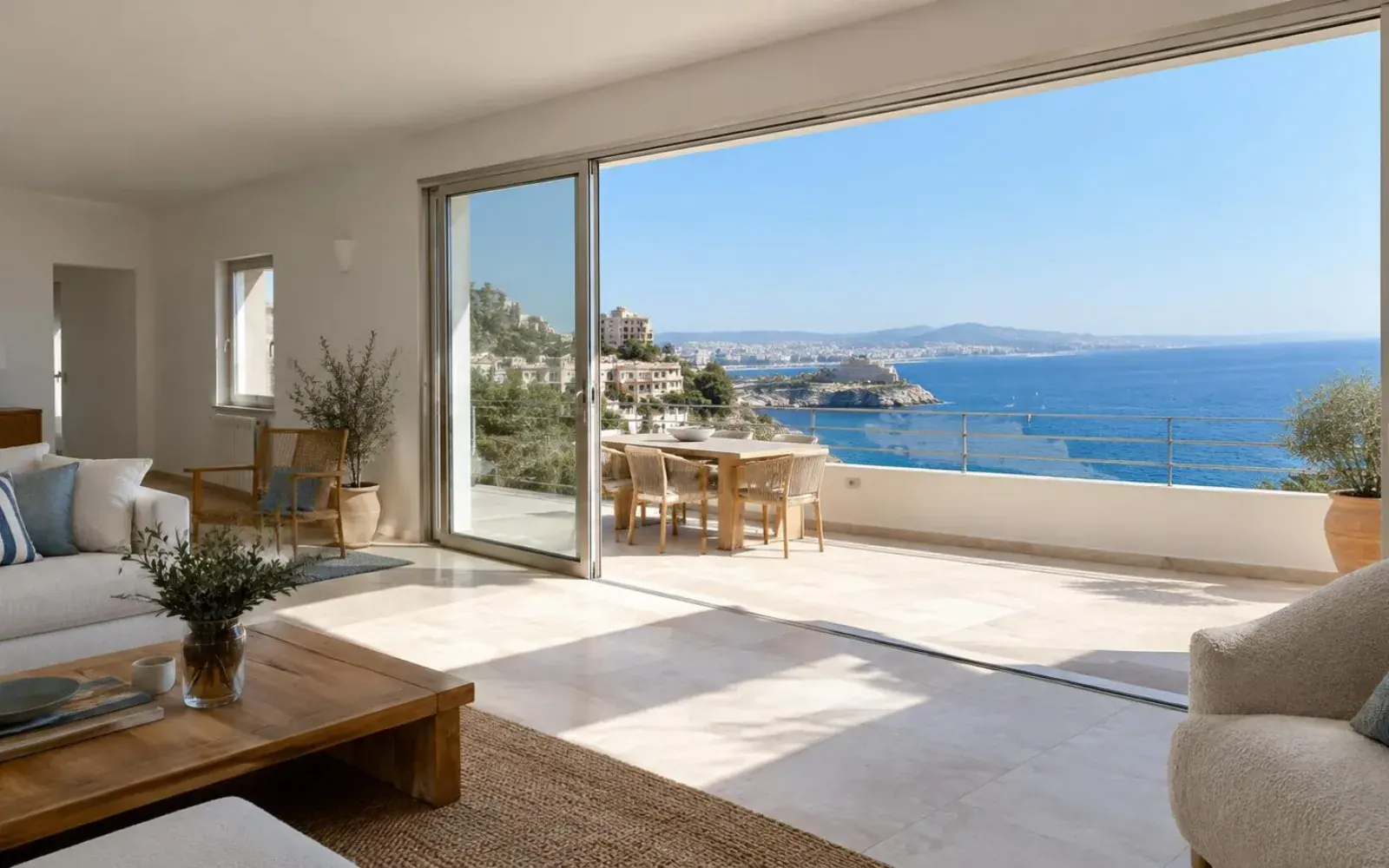 Grande baie vitrée coulissante d’un séjour méditerranéen ouverte sur une terrasse face à la mer, à remettre en état