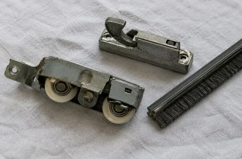 Chariot à roulettes, crochet de serrure et joint brosse démontés d'une baie coulissante, posés sur un chiffon gris clair