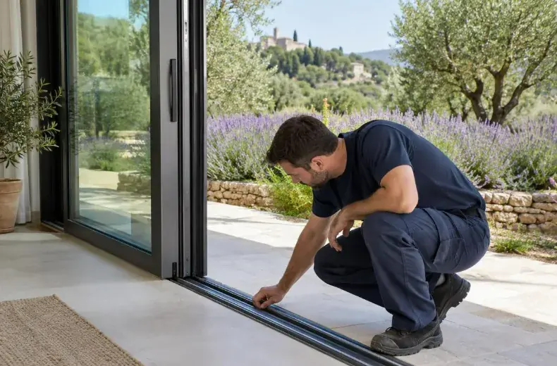 Coulissant de véranda en aluminium entrouvert sur un jardin de Provence, technicien observant le rail