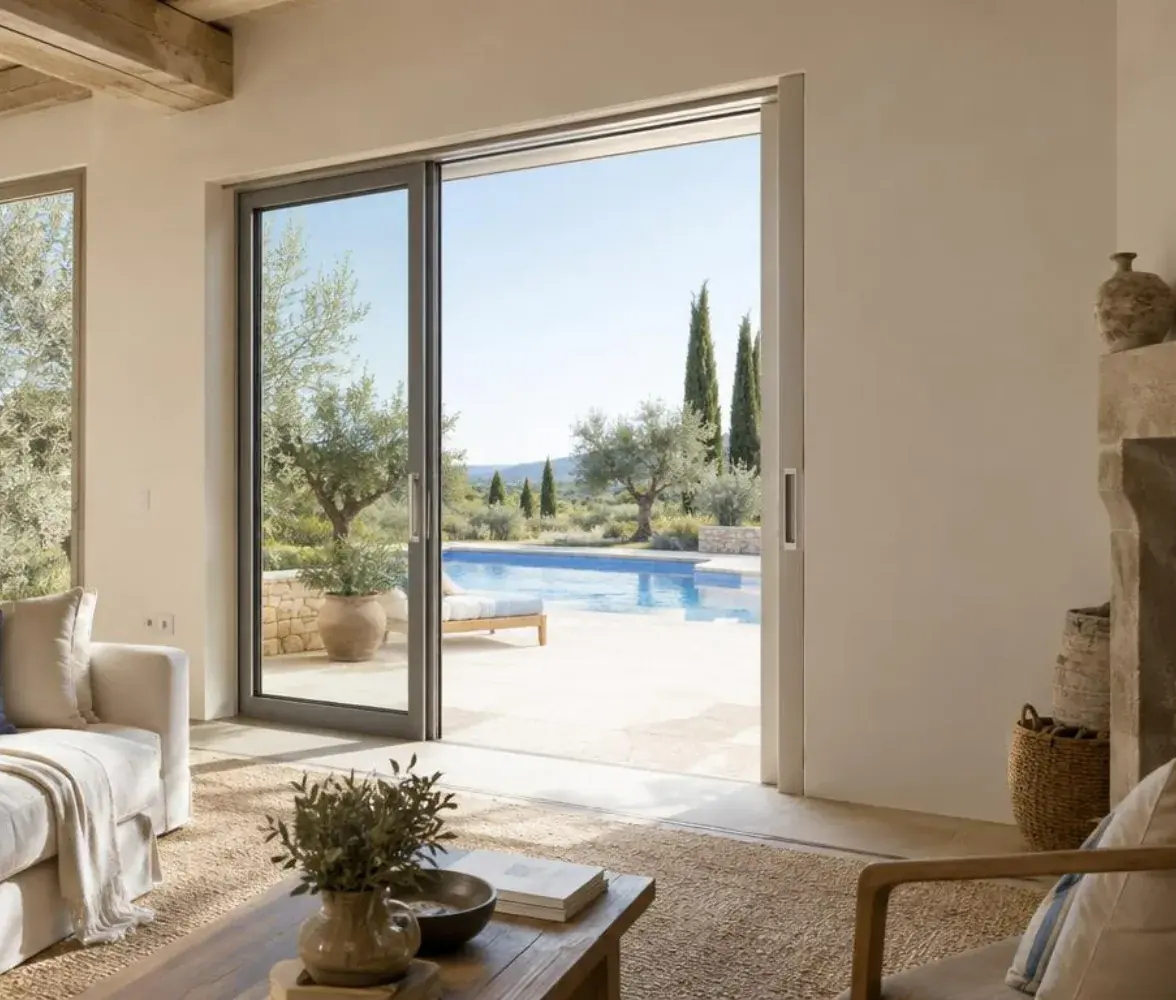 Baie vitrée à galandage entrouverte, vantail engagé dans la cloison, séjour contemporain d'une villa provençale