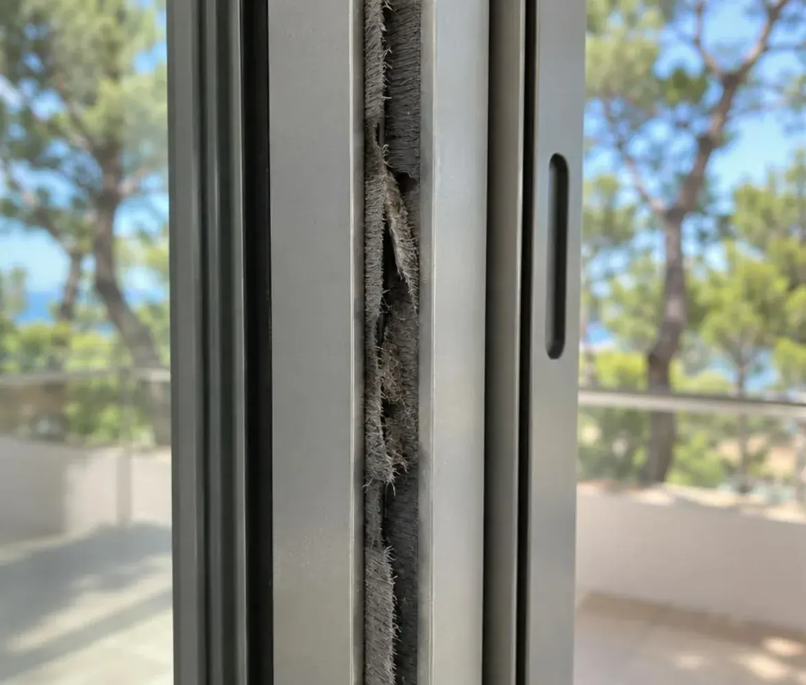 Brosse d'étanchéité écrasée et décolorée sur le montant central d'une baie coulissante aluminium