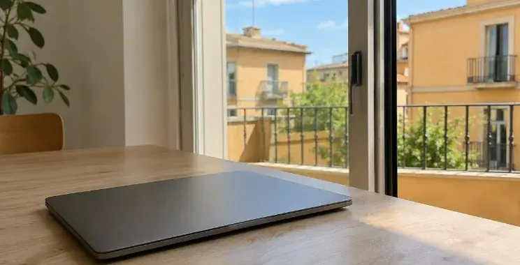 Ordinateur portable fermé sur une table en bois clair près d'une baie vitrée coulissante entrouverte