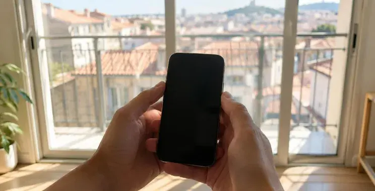 Mains tenant un téléphone devant une baie vitrée coulissante lumineuse d'un appartement marseillais