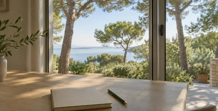 Bureau en bois clair avec carnet et stylo devant une baie vitrée coulissante donnant sur des pins