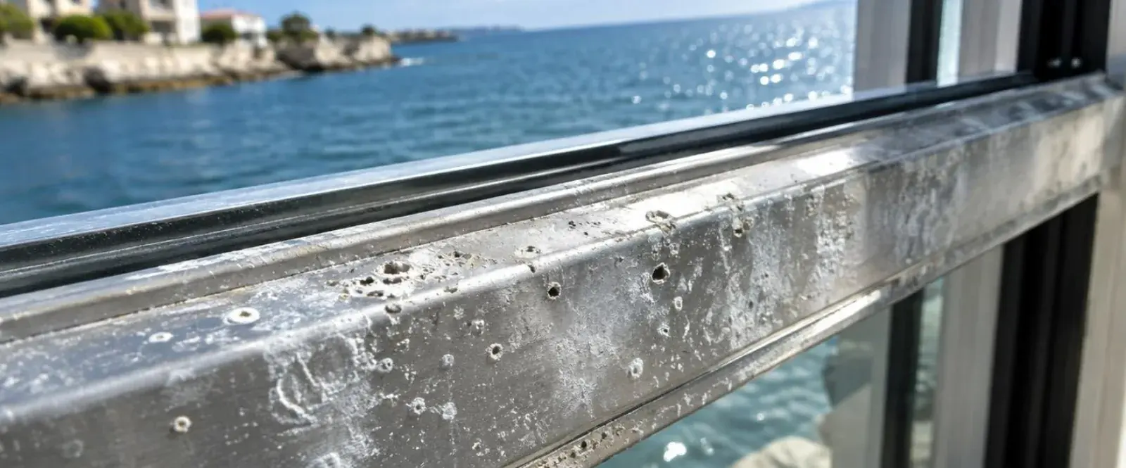 Traces de corrosion saline sur un rail de coulissant en aluminium d’une maison proche de l’eau