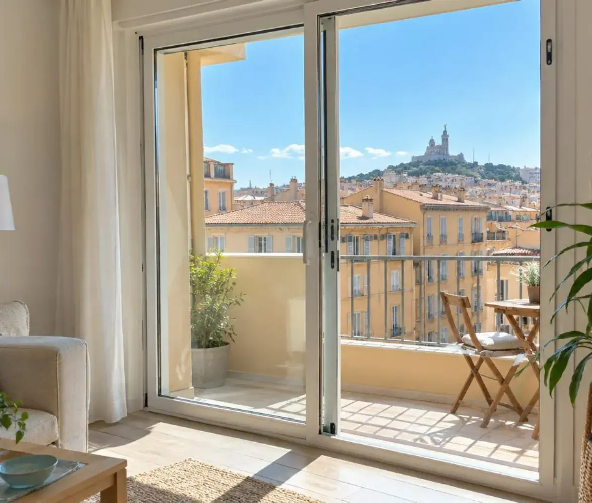 Porte-fenêtre coulissante en PVC blanc entrouverte sur un balcon dans un séjour clair d'une résidence marseillaise