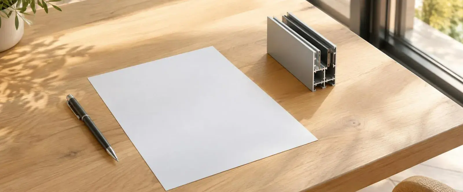 Devis vierge, stylo et échantillon de profilé de baie coulissante aluminium sur une table en bois clair