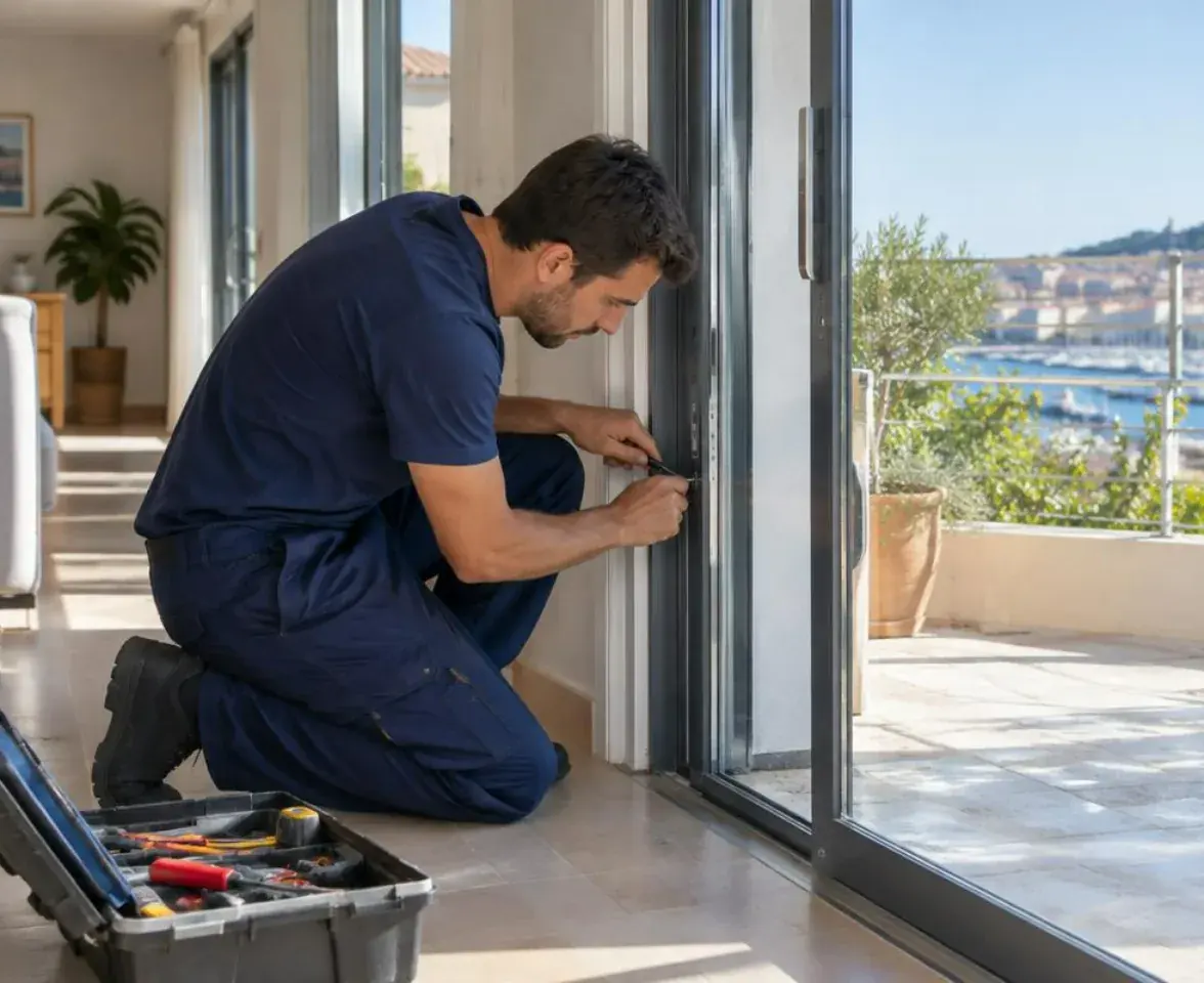 Technicien en bleu marine agenouillé réglant une baie vitrée coulissante chez un particulier marseillais, caisse à outils ouverte