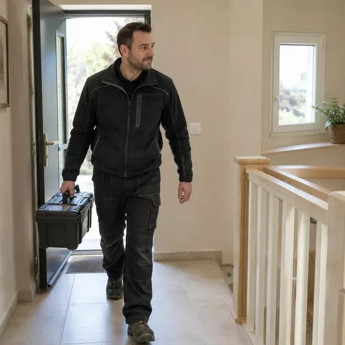 Technicien arrivant chez un particulier avec sa caisse à outils pour diagnostiquer une baie vitrée