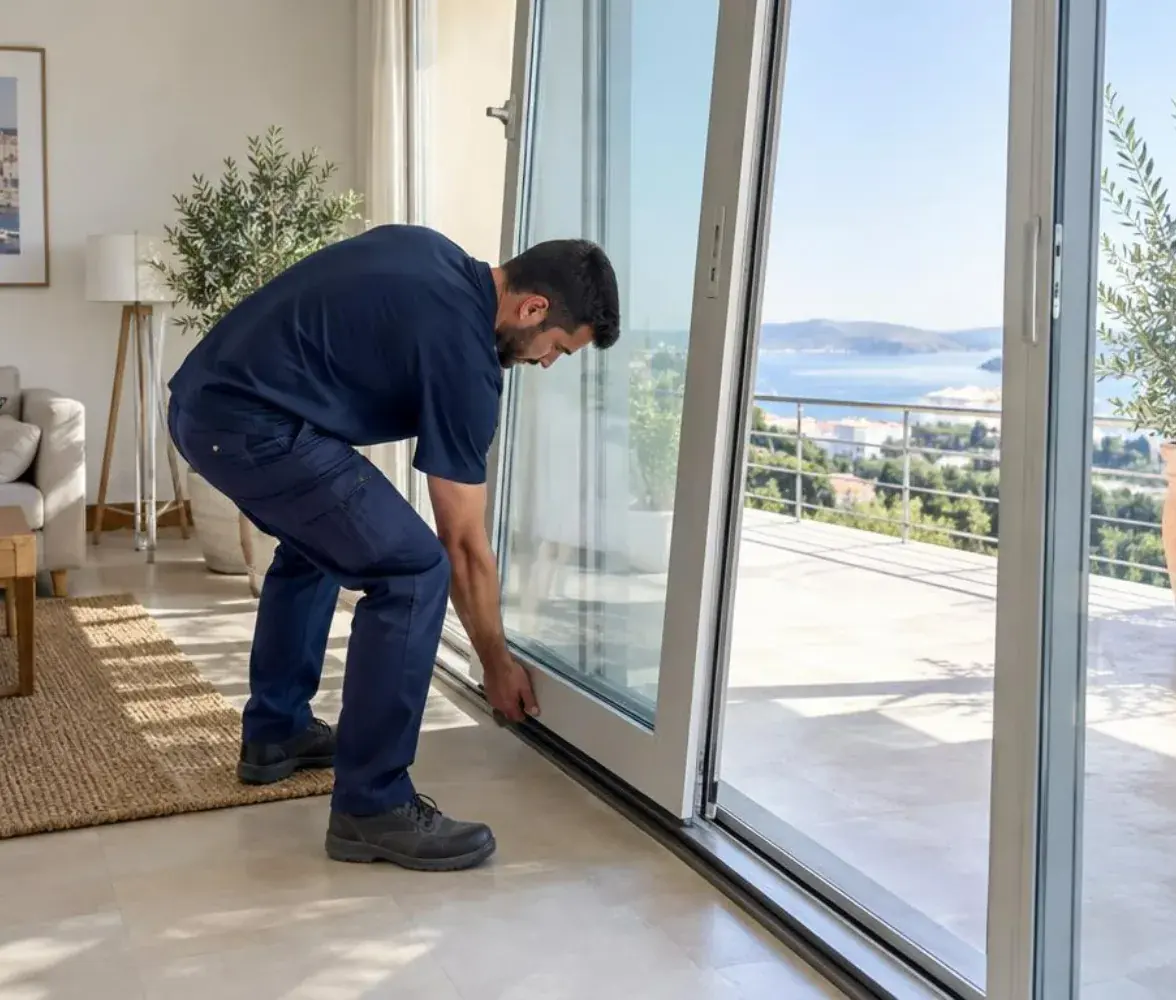 Technicien en bleu marine penché sur le bas d’une grande baie coulissante pour en contrôler le roulement