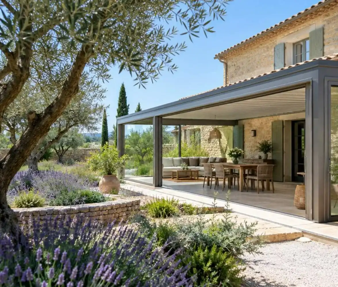 Véranda aluminium aux portes coulissantes ouvertes sur un jardin méditerranéen avec oliviers et lavande