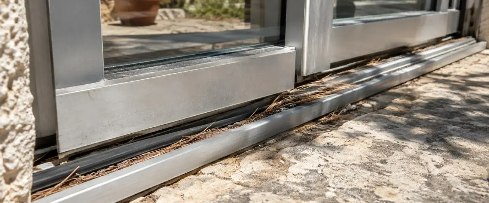 Rail bas et joint d'un coulissant de véranda chauffés par le soleil, poussière et aiguilles de pin dans la gorge