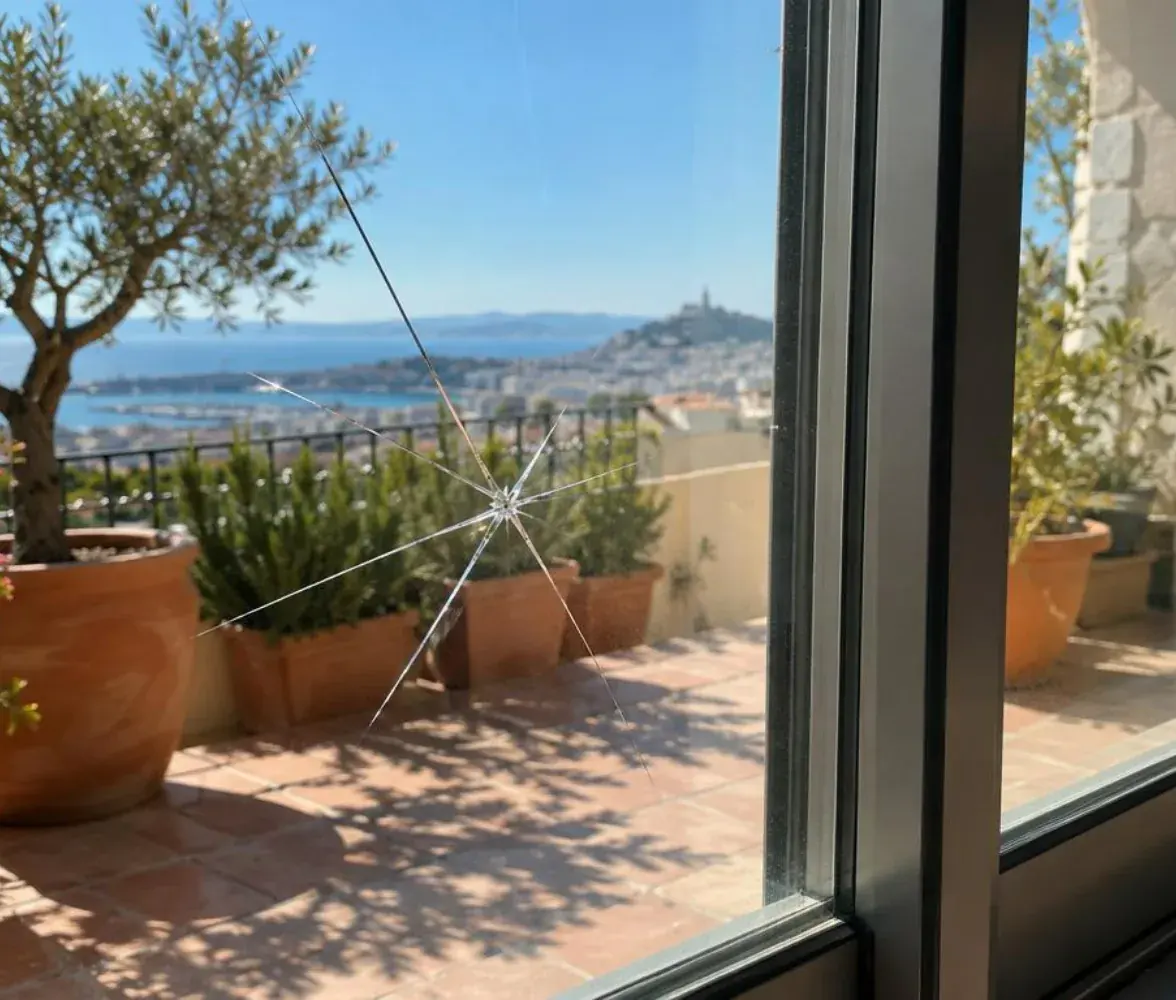 Vitrage fissuré en étoile d'une baie vitrée coulissante en lumière rasante, terrasse ensoleillée derrière